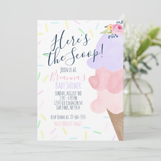 ピンク&パープルアイスクリームコーンベビーシャワー 招待状 (スタンド正面)