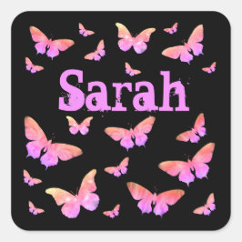 ピンク&パープルアートバタフライアートサラ女子の名前 スクエアシール