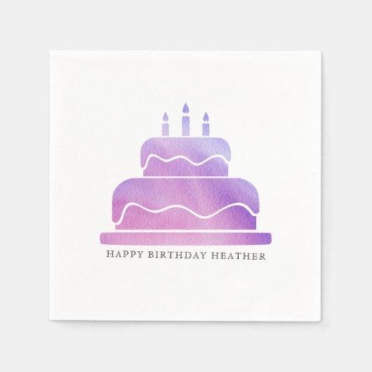 ピンク&パープルウォーターカラーケーキハッピーバースデー スタンダードカクテルナプキン (正面)