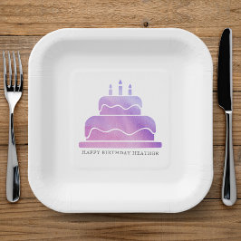 ピンク&パープルウォーターカラーケーキハッピーバースデー ペーパープレート