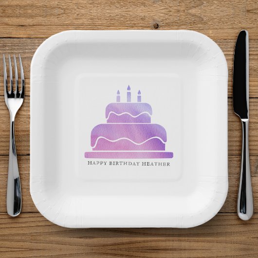 ピンク&パープルウォーターカラーケーキハッピーバースデー ペーパープレート