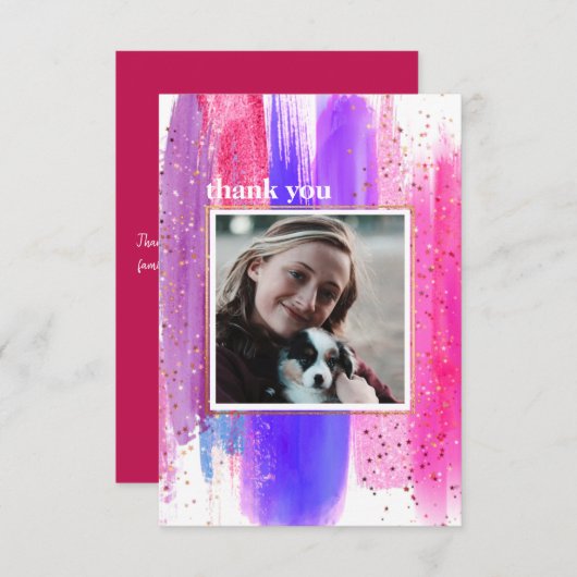 ピンク&パープルグリッター卒業サンキューカード 招待状 (正面/裏面)
