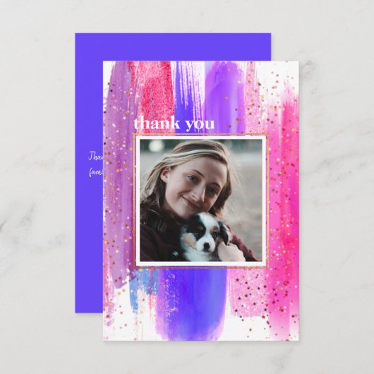 ピンク&パープルグリッター卒業サンキューカード 招待状 (正面/裏面)