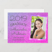 ピンク – パープルグリッター卒業発表 案内ポストカード (正面/裏面)