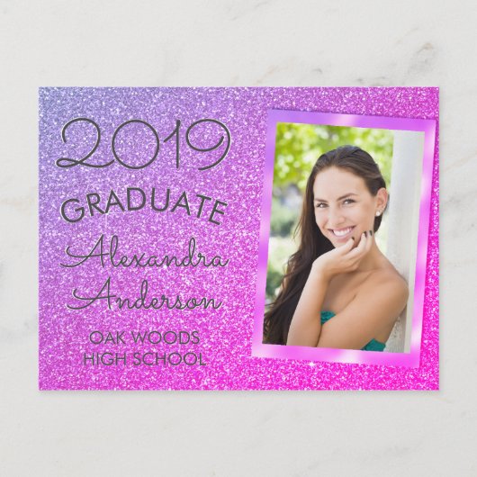 ピンク – パープルグリッター卒業発表 案内ポストカード (正面)