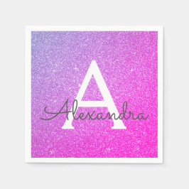 ピンク – パープルグリッター&スパークルモノグラム誕生日 スタンダードカクテルナプキン