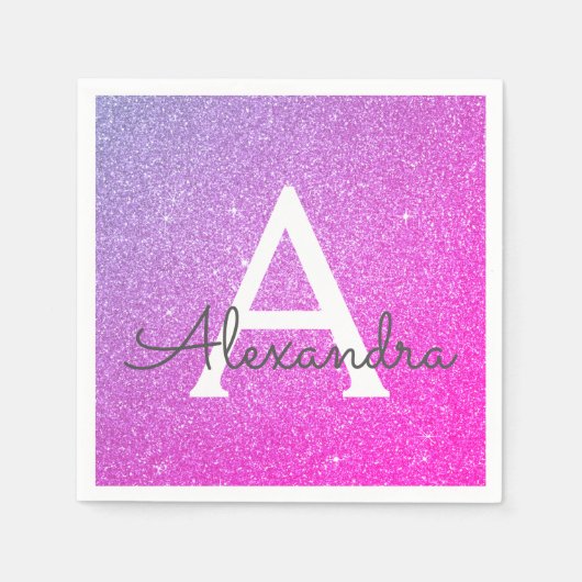 ピンク – パープルグリッター&スパークルモノグラム誕生日 スタンダードカクテルナプキン (正面)