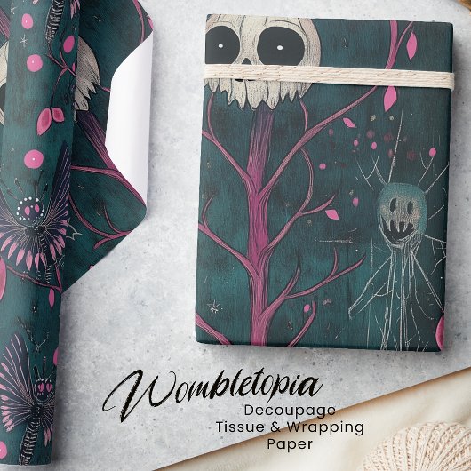 ピンク&パープルゴシックハロウィーンスカル&花 ラッピングペーパー