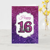 ピンク&パープルスウィート16スパークルグリッター宝石 カード (黄色い花)