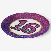 ピンク&パープルスウィート16スパークルグリッター宝石 ペーパープレート (アングル)