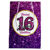 ピンク&パープルスウィート16スパークルグリッター宝石 ミディアムペーパーバッグ (裏面)