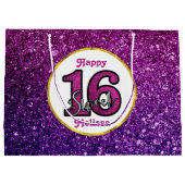 ピンク&パープルスウィート16スパークルグリッター宝石 ラージペーパーバッグ (裏面)