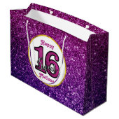 ピンク&パープルスウィート16スパークルグリッター宝石 ラージペーパーバッグ (裏面アングル)