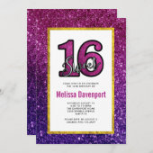 ピンク&パープルスウィート16スパークルグリッター宝石 招待状 (正面/裏面)