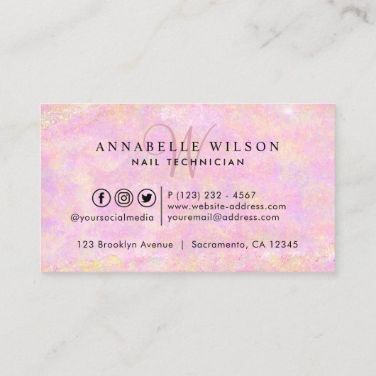 ピンク&パープルスパークリー爪、 ネイルモノグラム 名刺 (裏面)