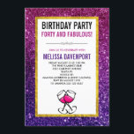 ピンク&パープルスパークルグリッター40th誕生日パーティー 招待状<br><div class="desc">40歳の素敵な誕生日パーティーの招待状。背景はピンクと紫のグリッターの宝石で構成されきらめくている。トレンディーフェミニンとバイブ。テキストをフェイク内側に重ね縁どた金ゴールドホイルを持つ長方形。2手描きワイングラスに熱いピンクのワインが入っている。</div>