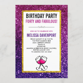 ピンク&パープルスパークルグリッター40th誕生日パーティー 招待状