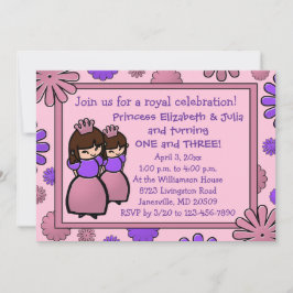 ピンク&パープルダブルプリンセス誕生日招待状 招待状