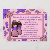 ピンク&パープルダブルプリンセス誕生日招待状 招待状 (正面/裏面)