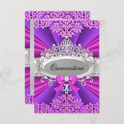 ピンク/パープルティアラ&ダマスクキンセアニェラ招待状 招待状 (正面/裏面)