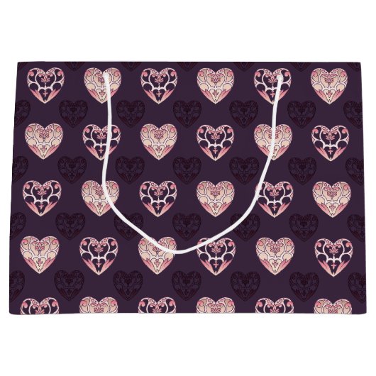 ピンク&パープルデコハート パターン（の模様が）ある ラージペーパーバッグ (正面)