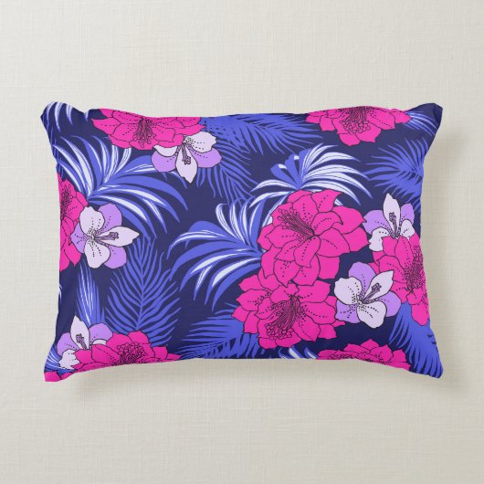 ピンク&パープルトロピカル – 明るいハイビスカスデザイン アクセントクッション (正面)