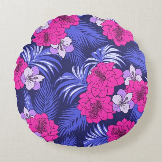 ピンク&パープルトロピカル – 明るいハイビスカスデザイン ラウンドクッション (正面)