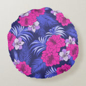 ピンク&パープルトロピカル – 明るいハイビスカスデザイン ラウンドクッション (裏面)