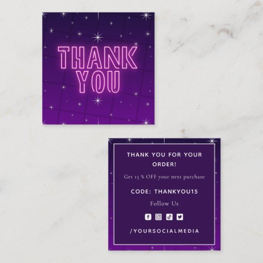 ピンク&パープルネオン輝く輝きありがとうクール スクエア名刺 (正面/裏面)