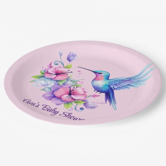 ピンク&パープルハミングバードフローラガールベビーシャワー ペーパープレート (アングル)