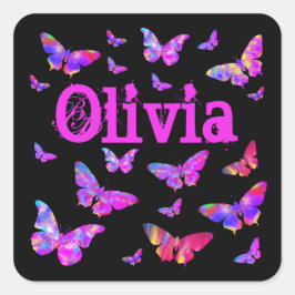 ピンク&パープルバタフライポップ・アートのアートオリビア追加の名前 スクエアシール