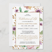 ピンク&パープルバラ葬儀お祝いオブ・ライフ 招待状 (正面)