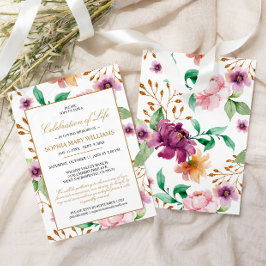 ピンク&パープルバラ葬儀お祝いオブ・ライフ 招待状