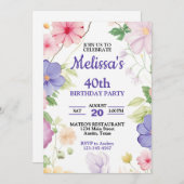 ピンク&パープルパステルワイルドフラワーズany Age誕生日 招待状 (正面/裏面)