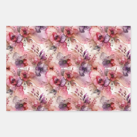 ピンク&パープルフラワーアルコールインクミディアムプリント ラッピングペーパーシート (正面3)