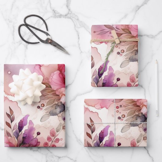 ピンク&パープルフラワーアルコールインクラージプリント ラッピングペーパーシート (正面)