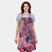 ピンク&パープルフラワーズガーデンオリジナルウォーターカラー エプロン (着用した状態)