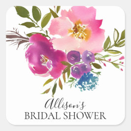 ピンク&パープルフラワーズブライダルシャワー封筒用シール スクエアシール
