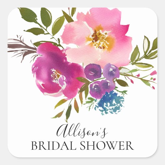 ピンク&パープルフラワーズブライダルシャワー封筒用シール スクエアシール (正面)
