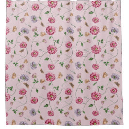 ピンク&パープルフローラつる植物 シャワーカーテン