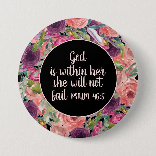 ピンク・パープルフローラキリスト教の聖書彼女の中の神 缶バッジ (正面)