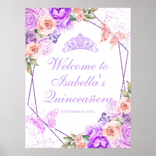 ピンク&パープルフローラキンセアニェラウェルカムサイン ポスター (正面)