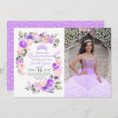 ピンク&パープルフローラキンセアニェラ誕生日写真 招待状 (正面/裏面)