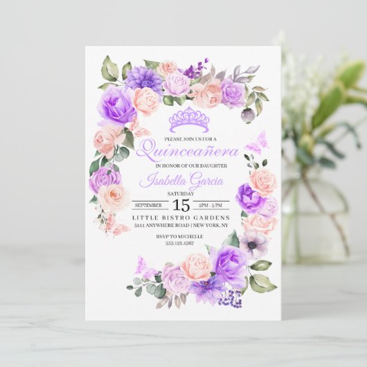 ピンク&パープルフローラキンセアニェラ誕生日 招待状 (スタンド正面)