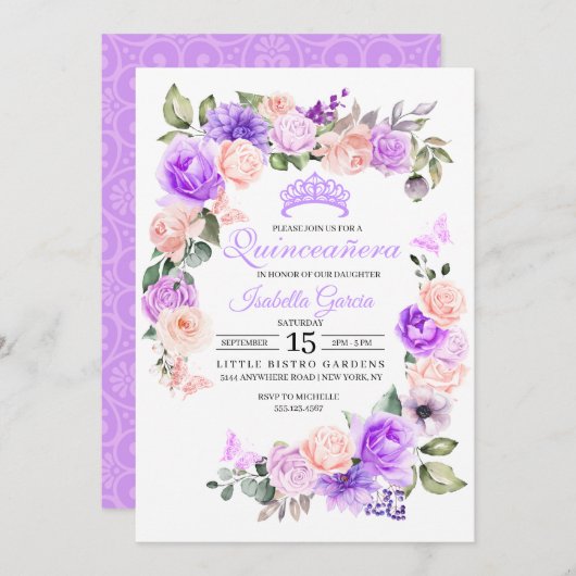 ピンク&パープルフローラキンセアニェラ誕生日 招待状 (正面/裏面)