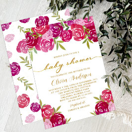ピンク&パープルフローラバラベビーガールシャワー 招待状