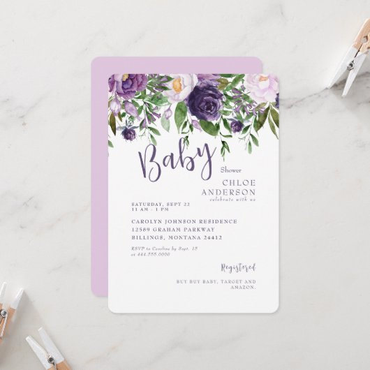 ピンク&パープルフローラベビーガールシャワー 招待状 (正面/裏面インサイチュ)