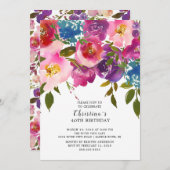 ピンク&パープルフローラ誕生日パーティーの招待 招待状 (正面/裏面)