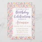 ピンク&パープルフローラ誕生日招待状 招待状 (正面/裏面)