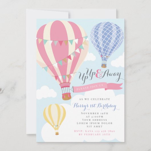 ピンク&パープルホットエアバルーン誕生日招待状 招待状 (正面)